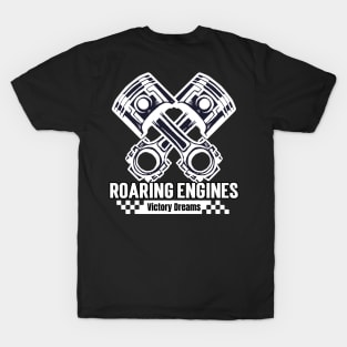 Roaring Engines Victory Dreams Piston Rod Checker Flag Car Racing T-Shirt